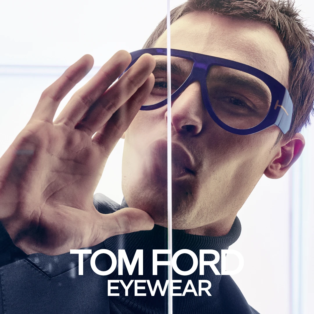 A model wearing Tom Ford eyeglasses