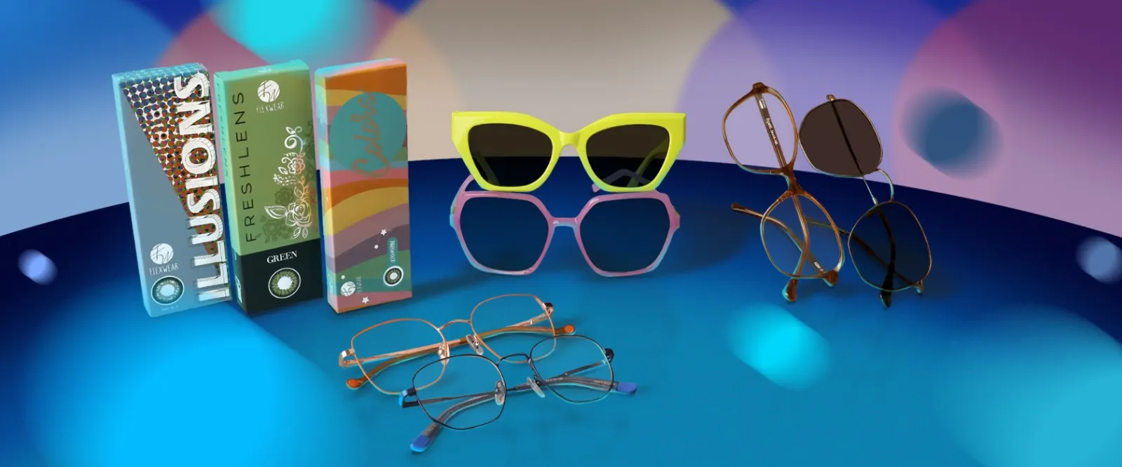 A group photo of sunglasses, eyeglasses, and contact lenses