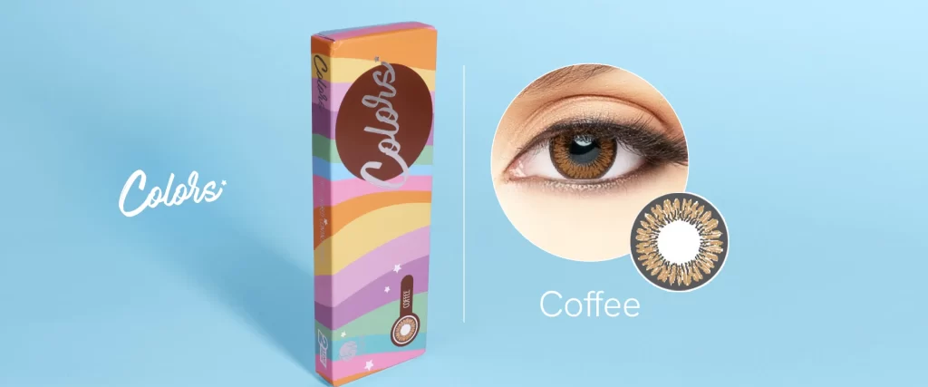 Colors Coffee Brown Contact lens box and contact lens on the eye surface