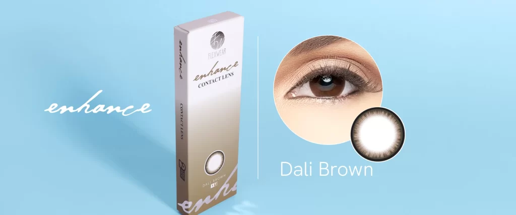 Enhance Dali Brown Contact lens box and contact lens on the eye surface