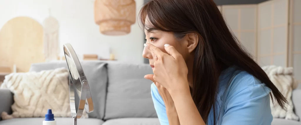 Girl taking out contact lenses