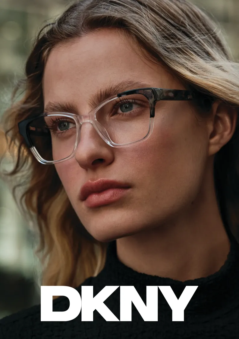 model wearing dkny eyeglasses