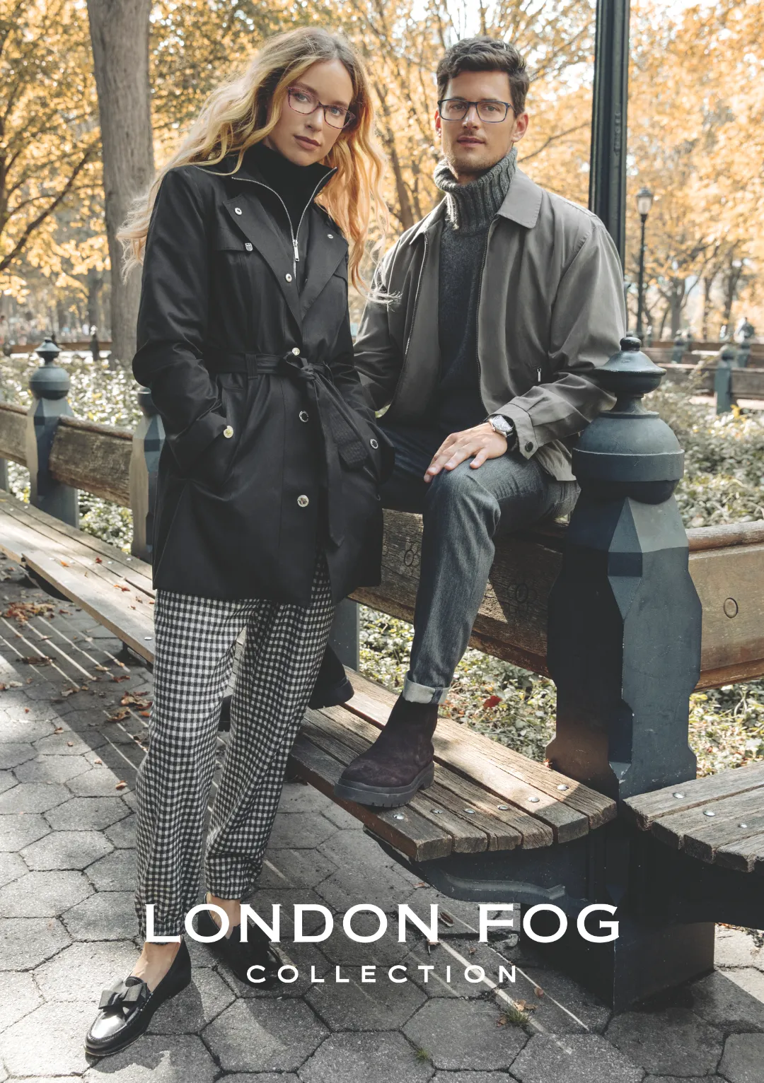 two models wearing rectangle london fog eyeglasses