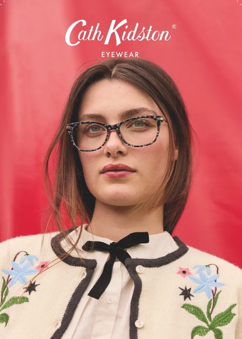 woman wearing cath kidston eyewear in red background