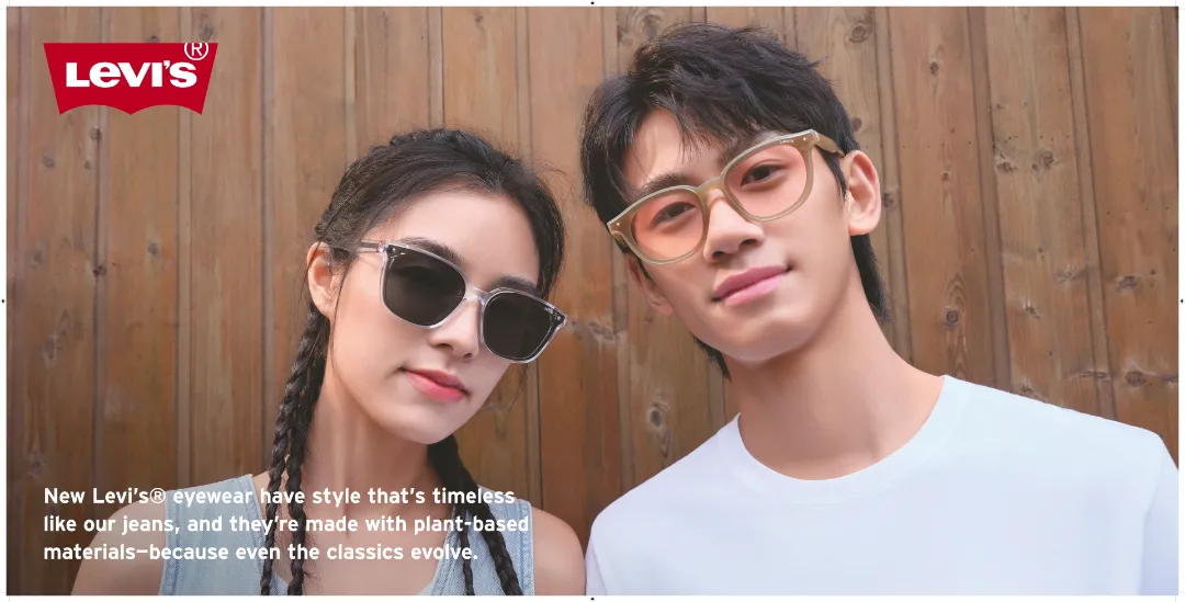 two models wearing levis sunglasses and eyeglasses