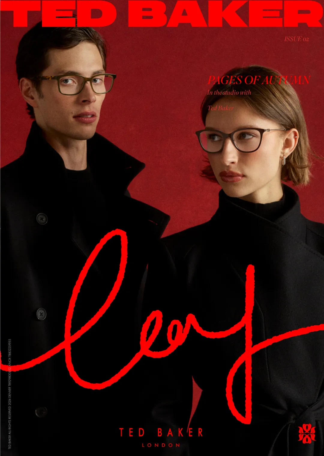 two models wearing ted baker eyewear in red background