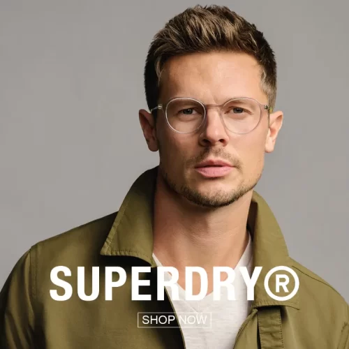 man wearing clear superdry eyeglasses