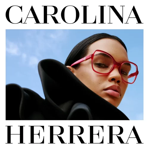 model wearing red carolina herrera eyeglass